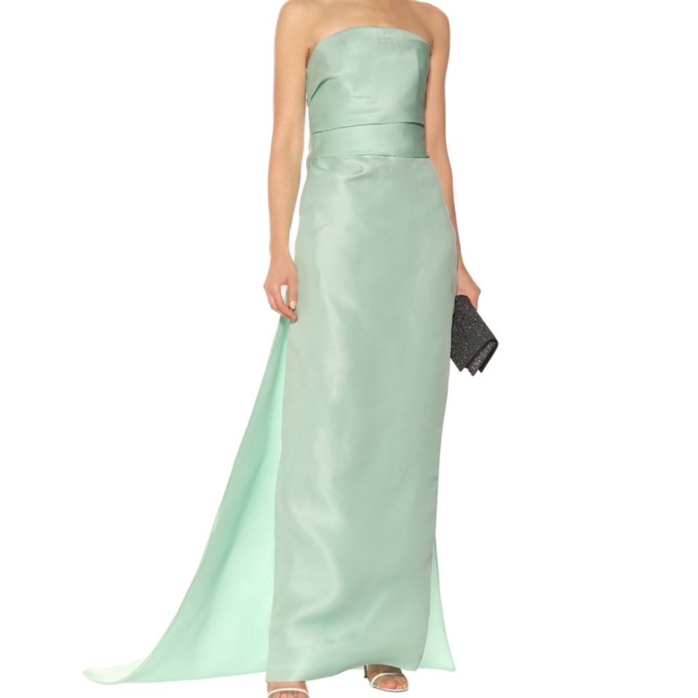 Monique Lhuillier Strapless Gazar Green Silk Gown